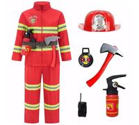 BEAHING Costume de Pompier pour Enfants - Costume de Pompier Carnaval pour Tout-Petits avec Casque sécurité, Chapeau et extincteur éducatif pour garçons et Filles S