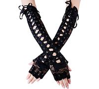 BEAHING Gants Steampunk sans Doigts pour Femmes, Chauffe-Bras à Lacets avec Conception de Longueur de coude