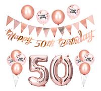 Beainfir L'ensemble de décorations pour Bannière Or Rose Joyeux 50e Anniversaire Bannière de Drapeau Triangulaire, Ballons en Latex confettis et Ballons en Aluminium