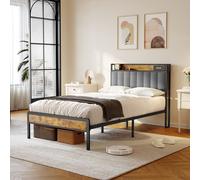 Bealife BF25 Twin Bed, Sommier à plateforme standard, 220,5 x 120 x111 cm, Sommier métallique avec tête de lit escamotable, stable -Gris clair