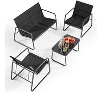 Bealife Ensemble de Meubles de Jardin 4 Pièces Salon de Jardin en métal et textilène avec 3 Fauteuils et 1 Table en Verre, Meubles Terrasse pour Toutes Les Saisons, Patio, Jardin et Extérieur (Noir)