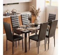 Bealife Table à Manger avec 6 Chaises, Table Rectangulaire en Verre Trempé et Chaises en Similicuir pour Salon, Chambre, Cuisine - Noir