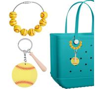 BEAMARKER 1 Boîte 2 Pièces Accessoires Sac de Baseball Sport Porte-clés Charms Jaune Thème École Perles en Bois Acrylique Tag Anneau Pendentif Beach Tote Sac Portefeuille Porte-clés Décoration DIY