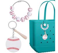 BEAMARKER 1 Boîte 2 Pièces Sac de Baseball Charms Thème Sport Porte-clés Acrylique Perles en Bois Blanc École Anneau Pendentif Étiquette Porte-clés pour Beach Tote Sac Portefeuille Porte-clés Accessoi