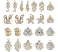 BEAMARKER 1 Boîte 24 Pcs 12 Styles Charm d‘Océan en Or Boulon Charm d’étoile de mer Rhinestone Animaux marins en alliage métallique Plage d‘été Conches Conches Méduse Cheval de mer Pendants de crabe p