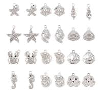BEAMARKER 1 Boîte 24 Pcs 12 Styles Charms de coquillages de Rhinestone Charms de mer en argent Alliage de métal massif Plage d‘été Animaux Coquillages d’étourneaux Méduse Crabes de morse Pendants pour