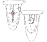 BEAMARKER 1 boîte de 2 épingles à Nourrice en Forme de Lune Croix Épingle à Linge Métal Argenté Alliage D'Acier Inoxydable Étoile de Pâques Pompon Col Broche avec Chaîne en Laiton pour Robes Pantalons