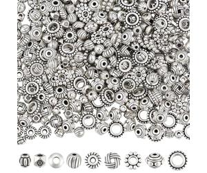 BEAMARKER 450 pièce 9 styles Perles Intercalaires en Argent Antique en Vrac Style Tibétain en Alliage Forme de Tube Rondelles Donuts Petites Perles en Vrac pour Bracelets Colliers Boucles D'Oreilles F