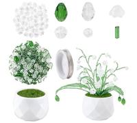 BEAMARKER 610Pcs Kit de plantes à perles Boucles de verre vert Kit de fabrication de plantes à perpétuité avec fil de joaillerie Planteurs en plastique Pot Boucles de feuilles à facettes en cristal po