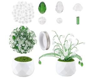 BEAMARKER 610Pcs Kit de plantes à perles Boucles de verre vert Kit de fabrication de plantes à perpétuité avec fil de joaillerie Planteurs en plastique Pot Boucles de feuilles à facettes en cristal po