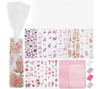 BEAMARKER Kit Fabrication Marque Pages 12pcs Blocs acryliques Transparents Autocollants decoratifs Fleurs Papillons cœur Ruban Rose Blanc 4m Sacs Cadeaux holographiques DIY Loisirs creatifs