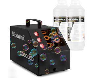 BeamZ B300LED Pack Machine à Bulles + 2L de liquide, Enfant/Mariage/Soirée avec LEDs RGB - Ventilateur Puissant, Double Roue, Poignée, Télécommande, Réservoir 700mL, Idéale pour Fêtes en Extérieur