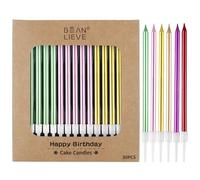 BEAN LIEVE Lot de 30 bougies d'anniversaire longues et fines en métal, bougies pour gâteaux, fêtes d'anniversaire, décorations de mariage, bougies de fête, décorations de gâteaux (colorées)
