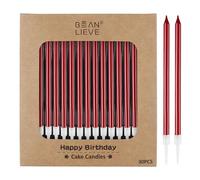 BEAN LIEVE Lot de 30 bougies d'anniversaire longues et fines en métal, bougies pour gâteaux, fêtes d'anniversaire, décorations de mariage, bougies de fête, décorations de gâteaux (rouges)