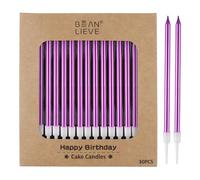 BEAN LIEVE Lot de 30 bougies d'anniversaire longues et fines en métal, bougies pour gâteaux, fêtes d'anniversaire, décorations de mariage, bougies de fête, décorations de gâteaux (violettes)
