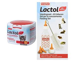 Beaphar - LACTOL - Lait maternisé pour Chaton en Poudre - Enrichi en DHA - Source de protéines - 250 g & LACTOL - Pack biberon et tétines + Brosse à Nettoyer pour Nourrir Les Nouveau-nés/Animaux