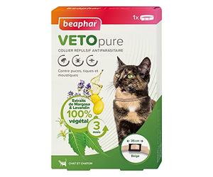 BEAPHAR - VETOPURE - Collier Répulsif Antiparasitaire pour Chat et Chaton - aux extraits de Margosa & de Lavandin - Contre Les Puces, Tiques et Moustiques - Protection 3 Mois - Collier Beige de 35cm