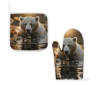 Bear Crossing The River Lot de 2 gants de cuisine résistants à la chaleur et antidérapants, boucles de suspension, gants chauds, cuisine, pâtisserie, barbecue