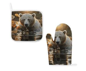 Bear Crossing The River Lot de 2 gants de cuisine résistants à la chaleur et antidérapants, boucles de suspension, gants chauds, cuisine, pâtisserie, barbecue