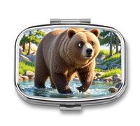 Bear Crossing The River Pilulier de voyage portable de poche 2 compartiments Grande capacité Pilulier quotidien Organiseur de vitamines Petit pilulier