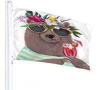 Bear Flag 3x5 FT Cute Animal Bear with Striped Shirt Strawberry Juice Flower Leaf Wreath Outdoor Flags Large Welcome Yard Banners Home Garden Yard Lawn Decor