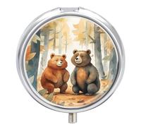 Bear in Woods Pilulier de voyage à 3 compartiments 3 fois par jour - Joli mini pilulier pour sac à main et poche - Boîte à médicaments portable en métal avec miroir - Récipient rond pour médicaments