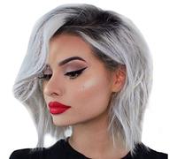 Bearbelly Résistant À La Chaleur Argent Gris Noir Racines Court Bob Perruques Pour Drag Queen Perruque Avant de Lacet Pour Femmes Filles Longueur D'épaule Pour La Coiffure De Soirée Cosplay