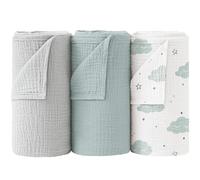 bearmoss Bébé Couverture d'Emmaillotage,Langes Coton Bébé 96x106cm Musseline Couverture de Unisexe pour Fille et Garçon 3pack (Nuages)