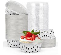Beasea Lot de 100 ramequins jetables avec couvercles, 236,8 g, à pois noirs en feuille d'aluminium blanc, pour crème brûlée, muffin, cupcakes, pudding, fête, mariage, anniversaire