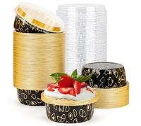 Beasea Lot de 100 ramequins jetables de 236,8 g avec couvercles, en feuille d'aluminium noir et doré pour crème brûlée, muffin, cupcakes, pudding, gâteau, fête, mariage, anniversaire
