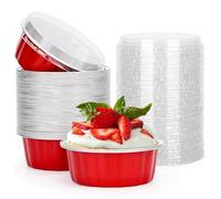 Beasea Lot de 50 ramequins jetables de 236,8 g avec couvercles, en feuille d'aluminium, pour pâtisserie, muffins, cupcakes, pudding pour fête, mariage, anniversaire - Rouge