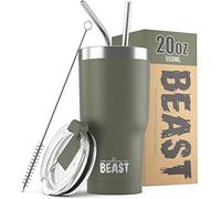 BEAST Mug Isotherme Cafe - 550ml I Vert armée I Acier Inoxydable I Réutilisable, Tasses Isothermes I 2 Pailles et Brosse Nettoyage I Thermos Cafés de Voyage Double Paroi I Café Chaud ou Glacé
