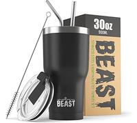 BEAST Mug Isotherme Cafe - 900ml I Noir Matt I Acier Inoxydable I Réutilisable, Tasses Isothermes I 2 Pailles et Brosse Nettoyage I Thermos Cafés de Voyage Double Paroi I Café Chaud ou Glacé