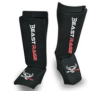 BEAST RAGE Protège-Tibias pour Muay Thai, Kickboxing, MMA, Taekwondo, Boxe, Arts Martiaux, Chaussettes élastiques rembourrées, Coussinets de Protection du Cou-de-Pied, protège-Tibias (L, Noir Rouge)