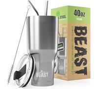 Beast Tumbler - 1050 ml (40 oz), Argenté | Gobelet isotherme en acier inoxydable réutilisable | Avec 2 pailles et brosse de nettoyage | Double paroi, idéal pour café chaud ou glacé | Sans BPA