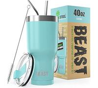 Beast Tumbler - 1050 ml (40 oz), Bleu aigue-marine | Gobelet isotherme en acier inoxydable réutilisable | Avec 2 pailles et brosse de nettoyage | Double paroi, idéal pour café chaud ou glacé