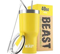 Beast Tumbler - 1050 ml (40 oz), Citron | Gobelet isotherme en acier inoxydable réutilisable | Avec 2 pailles et brosse de nettoyage | Double paroi, idéal pour café chaud ou glacé | Sans BPA