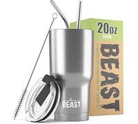 Beast Tumbler - 550 ml (20 oz), Argenté | Gobelet isotherme en acier inoxydable réutilisable | Avec 2 pailles et brosse de nettoyage | Double paroi, idéal pour café chaud ou glacé | Sans BPA