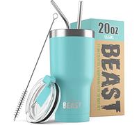 Beast Tumbler - 550 ml (20 oz), Bleu aigue-marine | Gobelet isotherme en acier inoxydable réutilisable | Avec 2 pailles et brosse de nettoyage | Double paroi, idéal pour café chaud ou glacé | Sans BPA