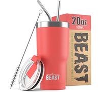 Beast Tumbler - 550 ml (20 oz), Corail | Gobelet isotherme en acier inoxydable réutilisable | Avec 2 pailles et brosse de nettoyage | Double paroi, idéal pour café chaud ou glacé | Sans BPA