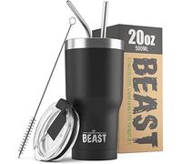 Beast Tumbler - 550 ml (20 oz), Noir Matt | Gobelet isotherme en acier inoxydable réutilisable | Avec 2 pailles et brosse de nettoyage | Double paroi, idéal pour café chaud ou glacé | Sans BPA