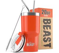 Beast Tumbler - 550 ml (20 oz), Orange | Gobelet isotherme en acier inoxydable réutilisable | Avec 2 pailles et brosse de nettoyage | Double paroi, idéal pour café chaud ou glacé | Sans BPA