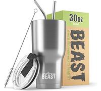 Beast Tumbler - 900 ml (30 oz), Argenté | Gobelet isotherme en acier inoxydable réutilisable | Avec 2 pailles et brosse de nettoyage | Double paroi, idéal pour café chaud ou glacé | Sans BPA
