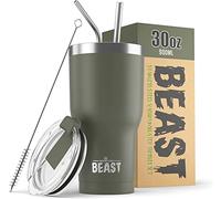 Beast Tumbler - 900 ml (30 oz), Vert Armée | Gobelet isotherme en acier inoxydable réutilisable | Avec 2 pailles et brosse de nettoyage | Double paroi, idéal pour café chaud ou glacé | Sans BPA