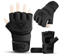BEASTRAGE Gants MMA pour Hommes et Femmes, Gants d'arts Martiaux, Paume ventilée, Cuir Vegan, Combat en Cage, Muay Thai, Kick Boxing, Punching Bag, Boxe, Kickboxing (L, Noir)