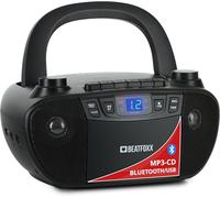 Beatfoxx CDB-1016U BK Boombox avec cassette, lecteur CD, radio, Bluetooth et USB - Enregistreur avec entrée AUX et sortie casque - Fonctionnement via câble d'alimentation ou 6 piles de type C -