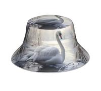 Beau bob imprimé cygne blanc, chapeau de plage pliable double face adapté pour le cyclisme, la randonnée et les voyages Noir