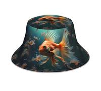 Beau bob imprimé petit poisson rouge, chapeau de plage pliable double face adapté pour le cyclisme, la randonnée et les voyages Noir