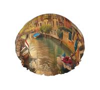 Beau bonnet de douche imprimé double couche imperméable avec vue sur le canal de Venise - Masque de bain réutilisable pour voyage, soins à domicile et routine beauté