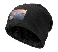 Beau chapeau tricoté gaufré imprimé avion ciel pour unisexe, chapeau d'hiver doublé extensible doux à revers, Noir , Taille unique